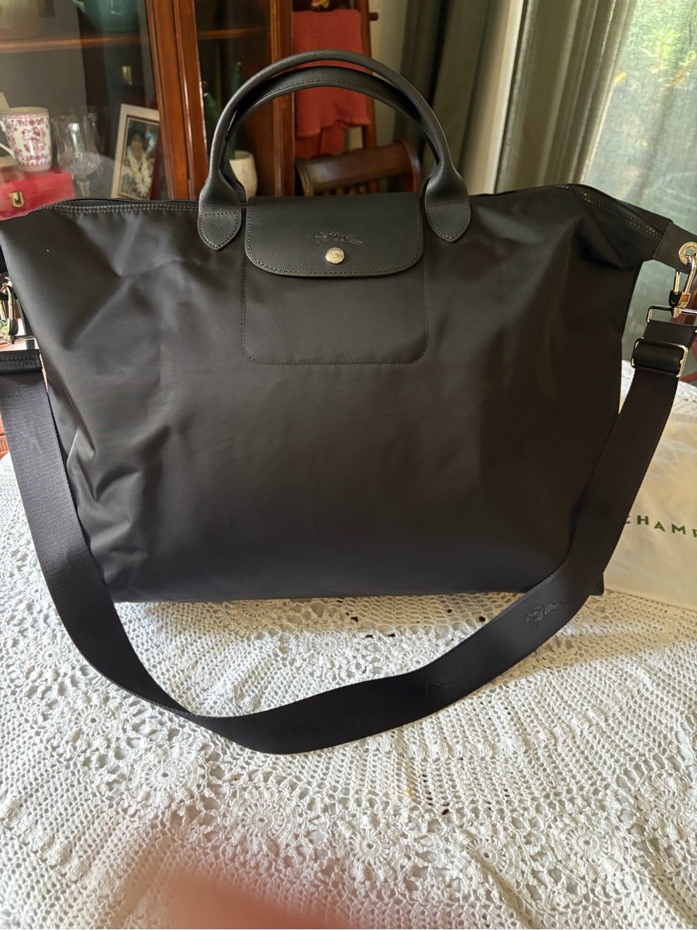 Longchamp Black Foldable Nylon Tote with Detachable Strap